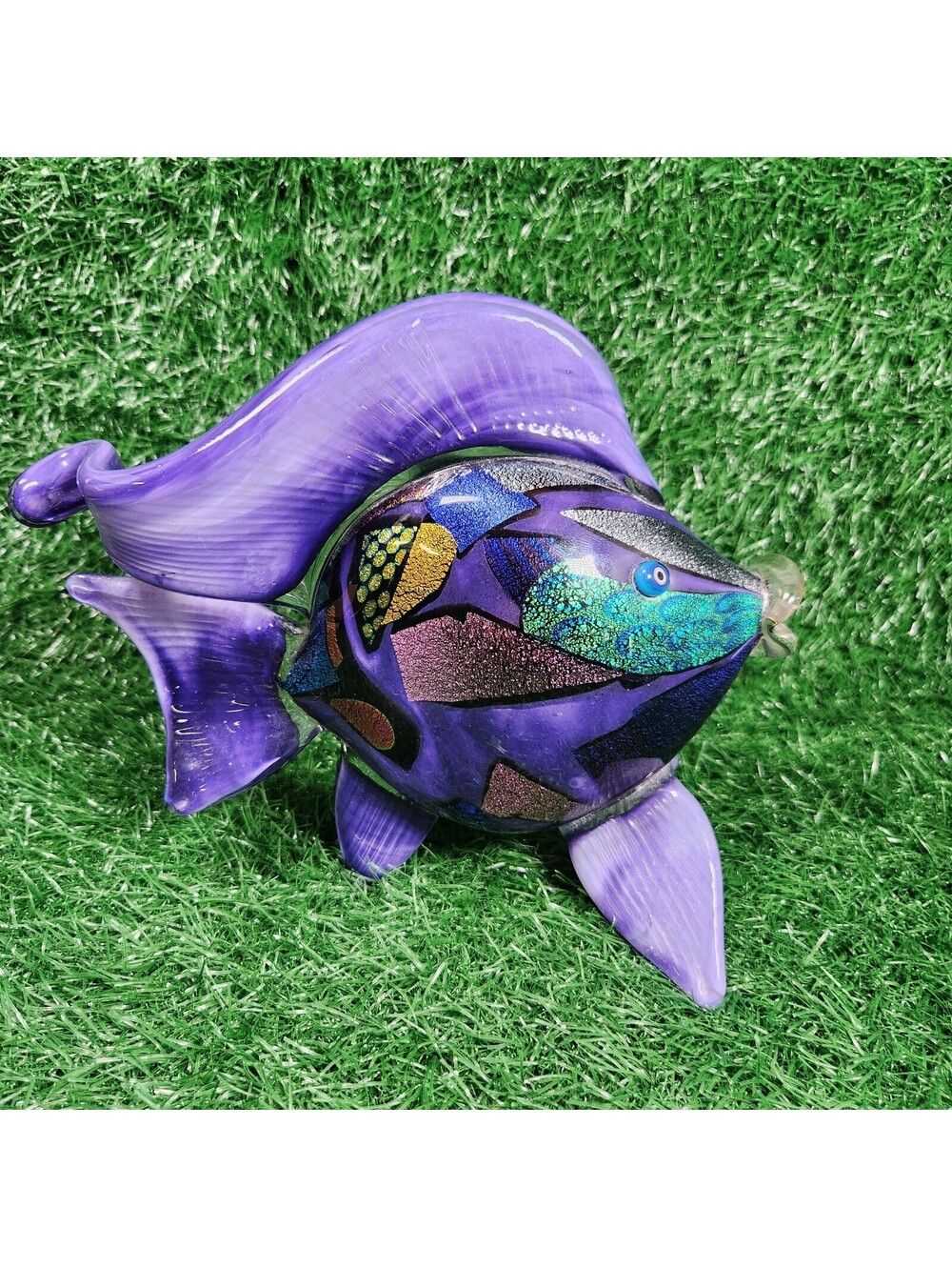 Blown Art Glass Fish Sculpture Figurine Dichroic Mosaic Purple Teal Nautical